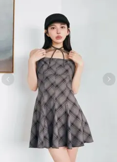 Darich ダーリッチ チェックホルターリボンベアミニワンピース　グレー