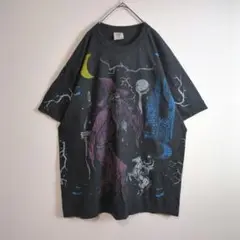 Tシャツ (XL) 魔法使い 両面プリントデザイン 城 騎士 黒系 古着