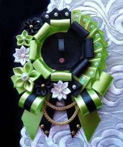 痛ロゼット　黒✕黄緑色の和風ロゼット 推し活グッズ　推し事　緑担