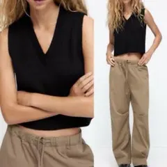 ZARA リブトリム Vネック ニットベスト ノースリーブ ブラック S