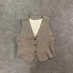 7BS1 千鳥格子　Vネック　ボタンベスト　紺×茶　古着 usedのサムネイル