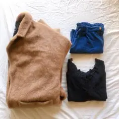 チェスターコート　レースニット　デニムスカート　の3点セット