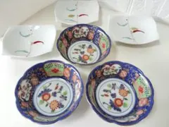 有田焼　清秀　金彩古伊万里様式　小鉢と波佐見焼　一峰窯　辛子柄　長角小皿　各3