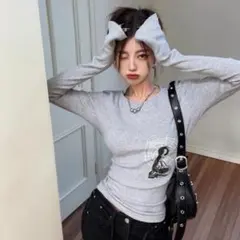 蜘蛛モチーフ 修身リブニット トップス Y2K グレー 長袖