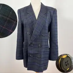 レリアン シルク混テーラードジャケット ダブル 7 チェック グリーン系