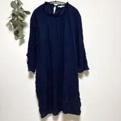 ネイビー シャツワンピース ひざ丈 大きいサイズ ロングトップス ゆったり