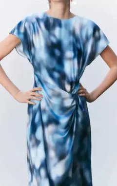 【新品】ZARA タイダイ柄サテンミディ丈ワンピース M ブルー
