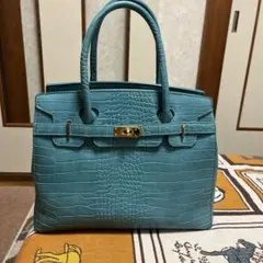 ターコイズ クロコダイル風 ハンドバッグ30cm