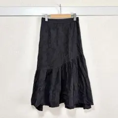 花柄ジャガード アシンメトリー フレアロングスカート ブラック M メッシュのサムネイル