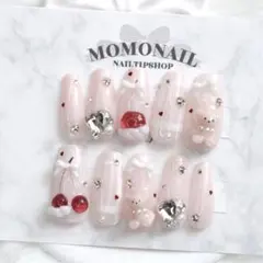 461 現品ネイルチップ フレンチガーリー さくらんぼ ピンクラメ 赤 くま