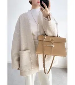 ノスタルジア　フェイクリングウールカーデジャケット　グレイッシュベージュ