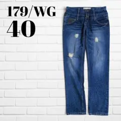 179/WG ニコル ダメージ加工 デニムパンツ ダブルウエスト ロゴ刺繍 40のサムネイル