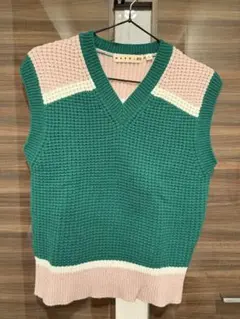 MARNI×UNIQLO　ポップコーンニットVネックベスト 緑 ピンク M