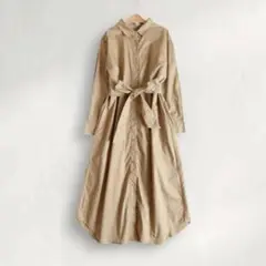 【綿100】ナノユニバース／シャツワンピース ベージュ コットン リボン 長袖