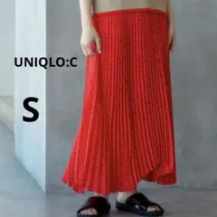 美品 ユニクロ S レッド ウエストゴム ドット シフォン プリーツスカート