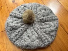 グレー ニット ベレー帽 ファー付き