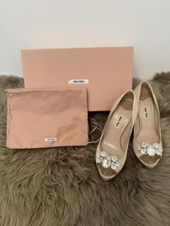 miu miu サテンオープントゥビジューパンプス ベージュ 36.5
