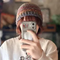ビーニー　クロシェハット　クラッシャーハット　ハンドメイド　かぎ編み