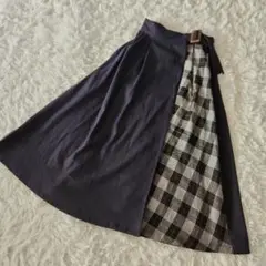 レイカズン ラップ スカート チェック柄 ロング M ネイビー 巻きスカート