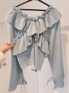 水色　フリル　トップス　オフショル2way