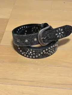 フラワー黒□本革レザーフルスタッズナローベルト☆古着ヴィンテージ