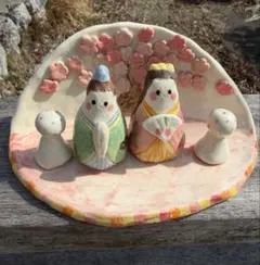 陶器製 ひな祭り 雛人形セット 桜装飾付き