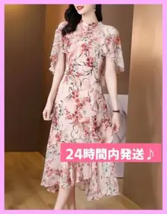 チャイナ風シフォンレースの上品な膝丈ドレス二の腕さりげなくカバービジューキラキラ