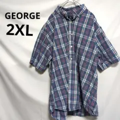 ★GEORGE★チェック柄 半袖シャツ 2XL メンズ ブルー 青 海外