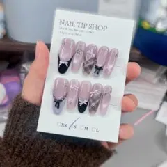 [S様専用] ガーリーピンク×黒リボン ネイルチップ 量産型 地雷系 韓国風