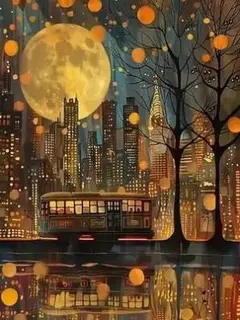 A4サイズ　月明かりの街と列車　ミッドセンチュリー　北欧インテリア