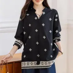 新品大きいサイズ花柄刺繍Vネック長袖レトロプルオーバートップス秋冬e
