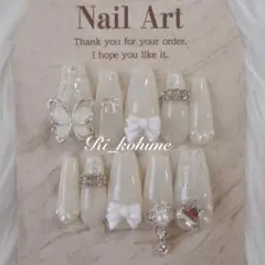 ネイルチップ現品フレンチガーリーちゅるんワンホン韓国ニュアンス白バタフライ蝶白