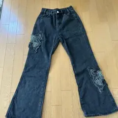 GORGE ブラック 蝶刺繍 ワイドレッグデニム