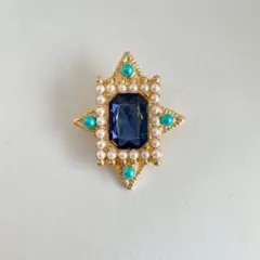 スクエア型アンティーク調ブローチ　フェイクパール　ブルー　ストーン　レトロ調