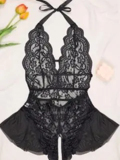 【匿名配送】セクシーランジェリ　黒　オープンクロッチ　テディ　ベビードール