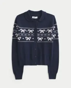 Holister リボン柄ネイビー長袖カーディガン