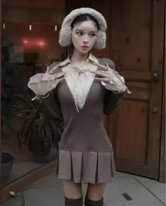 Darich シャツドッキングプリーツミニワンピース モカ