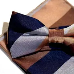 ○蝶ネクタイ メンズ ネイビーブラウン 結婚式・前撮り・パーティー チーフ　EK