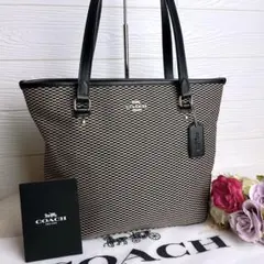 未使用級☆COACHコーチ トートバッグ 格子柄 キャンバス レザー ブラック