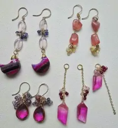 天然石フックピアス＆チャーム5点セット ピンク系