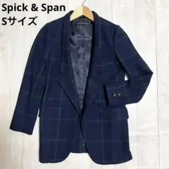 【美品】レディース テーラードジャケット チェック S ネイビー ウール混 秋冬