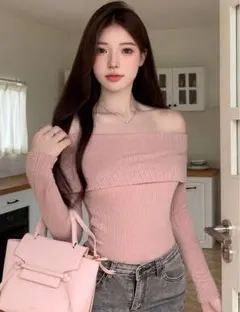 SHEIN DAZY リブ編みオフショルダー長袖トップス