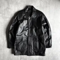 【90s vintage】レザーカーコート　本革　羊革　ブラック　光沢　古着