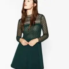 ダークグリーン レース長袖ワンピース