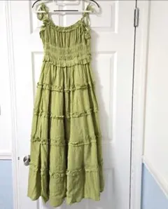 オリーブグリーン フリルキャミソールロングワンピース