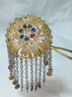 アンティーク　大正ロマン　色硝子入　菊の銀製　びらかんざし　日本髪　かんざし