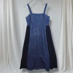 デニム切替ワンピース フリーサイズ 濃紺 ネイビー ロング 体型カバー 着痩せ