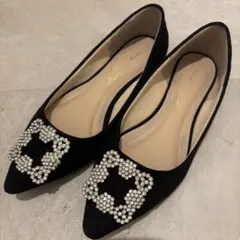 神戸レタス ビジューフラットポインテッドトゥパンプス　S 黒