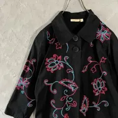ヴィンテージ　ジャケット　九分袖　個性的　花柄　刺繍　薄手　古着　黒　LO32