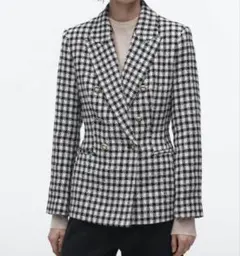 【美品】ZARA ツイード チェック千鳥格子柄ダブルブレストブレザー 金ボタンM